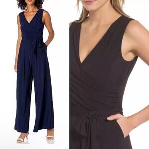 Eliza J Sleeveless Tie Faux Wrap Wide Leg Jumpsuit Navy Career Occasion Sz M NWT